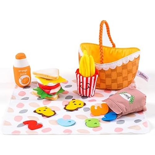 Jollybaby Soft Cloth Play Food Toys for Baby 6-12-18-36 Month, Fabric Picnic Basket Fake Food Toys Set, Montessori Sensory Stuffed Food Toys for Newborn Baby Boys and Girls Gifts
