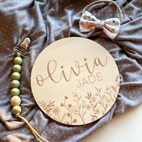 Floral Name Sign | Baby Name Sign | Wooden Engraved Newborn Photo Prop | Nursery Sign | Birth Announcement | Hospital Photo