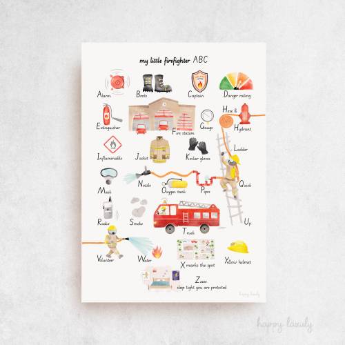 Firefighter Alphabet - A to Z, fire truck, nursery art, custom gift, boy wall decor, truck, Montessori learning, classroom decor