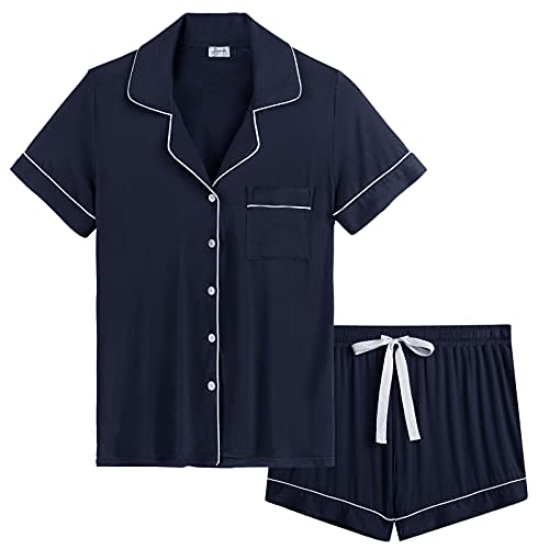 Joyaria Womens Cooling Bambo Viscose Pajamas Short Sleeve Button Down Pj Shorts Set Ultra Soft Summer Sleepwear-Small-XXL