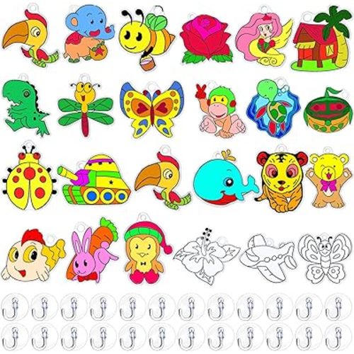 Sratte 48 Pcs Sun Catcher Kits for Art Window DIY Suncatchers Craft for Kids Animals Summer Window Art Paint with 24 Suction Cups for Kids Ornament Birthday Party Activities Home Decor Supplies