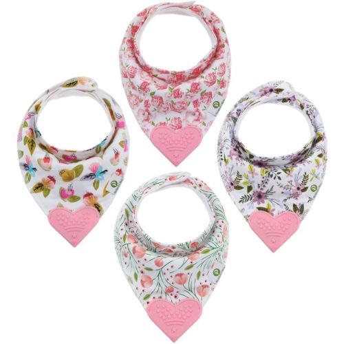 Pickle & Olive Baby Bandana Teething Bibs with Attached Teether- Set of 4 - Floral