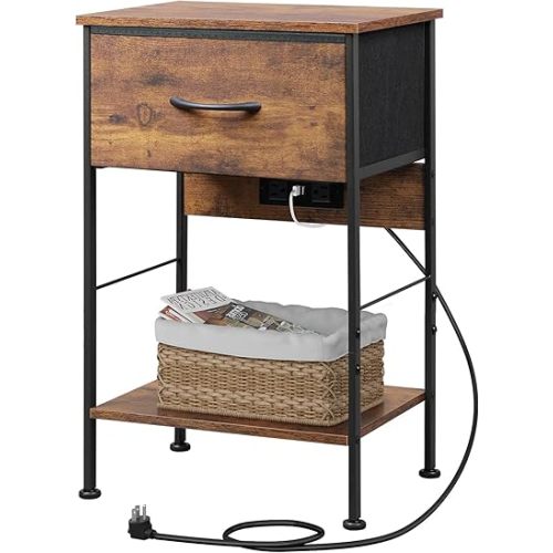 WLIVE Night Stand with Charging Station, Small Nightstand with Fabric Drawer and Open Shelf, 25" H Bedside Table for Bedroom, 2-Tier Storage End Tables, Dresser for Dorm, Entryway, Rustic Brown
