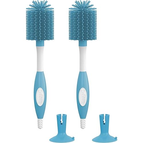 Dr. Brown's Soft Touch No Scratch Baby Bottle Cleaning Brush, Nipple Cleaner and Suction Cup Base for Easy Storage, BPA Free, Blue, 2 Pack