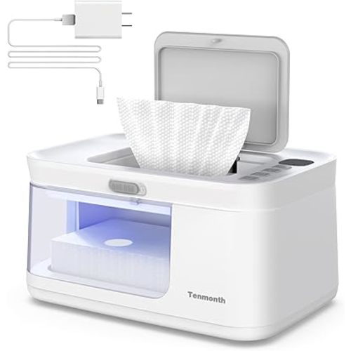 Baby Wipe Warmer Baby Wet Wipes Dispenser, Tenmonth Diaper Wipe Warmer with LED Light & Transparent Viewing Window, Adjustable 95℉-131℉, 1.5 Meter Plug Cord
