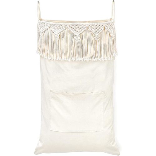 Mkono Macrame Hanging Laundry Hamper with Over The Door Hooks Saving Space Laundry Bag with Zipper and Wide Open Top Boho Decor Hanging Dorm Dirty Clothes Basket, for Bathroom Dorm Home Travel