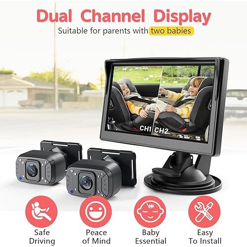 Itomoro Baby Car Camera, Dual Channel 5 inch Display with 2 IR Night Vision Camera, Easily Install Baby Car Mirror 1080P Clear Car Baby Camera for Rear Facing Seat Backseat ACZ403
