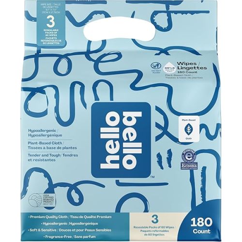 Hello Bello Extra Gentle Unscented Baby Wipes, Plant Based, Made with 99% Water and Aloe for Babies and Kids, 60 Count (Pack of 3) Total 180 Count