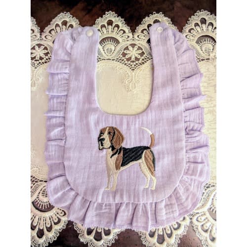 Embroidered Beagle on Lavender Cotton Newborn Baby Bib with Ruffles - Please Promote Animal Rescue!