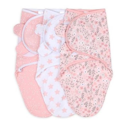 The Peanutshell Swaddle Wrap - Pink Floral Stars - M/L 3pk