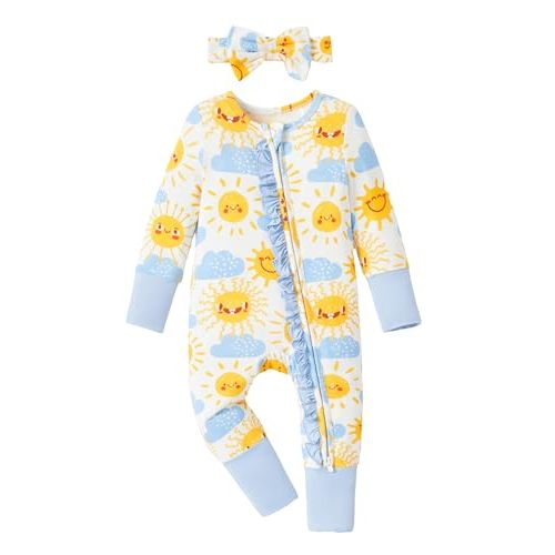 PATPAT Baby Footie Girls - Supersoft Bamboo Viscose - Unisex Infant Clothes - 2 Way Zipper & Mitten & Ruffle Trim & Headband