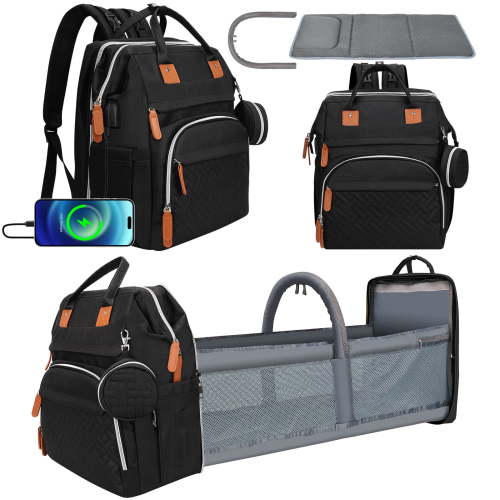 Derstuewe Diaper Bag Backpack, Diaper Changing Station,Waterproof Changing Pad, Black Color