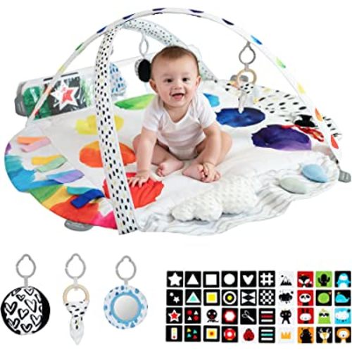 LADIDA Stage Based Baby Play Gym, 4 Zone Sensory & Motor Skills Development Activity Gym, Large 45" Padded Palette Play Mat for Newborn to Toddler with STEM Based Toys, Textures, Learning Cards