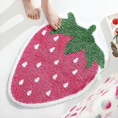 FROZZUR Pink Strawberry Bath Mat, Bath Mats for Bathroom Fruit Shaped Bathtub Rug Bathroom Tub Plush Shower Rugs Washable Non Slip