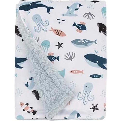 NOJO Explore Dream Discover Light Blue, Navy, Gray and Coral Super Soft Sherpa Baby Blanket