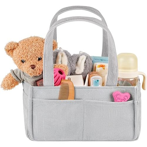 Baby Diaper Caddy Organizer - Portable Nursery Storage Basket for Newborn Essentials, Foldable Diaper Bag Organizer for Baby Shower Gifts and Registry Must-Haves, Car Organizer with Dividers (Grey)