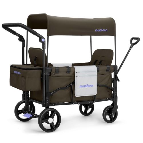 Stroller Wagon for 2 Kids, Baby Wagon Stroller with Adjustable Handle for Infants and Toddlers Includes Canopy & Organizer, Foldable and Convenient for Storage, Brown