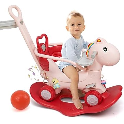 4 in 1 Rocking Horse Ages 1-3, Baby Rocking Toy Gift for Toddlers 1-3 Years Old, Balance Bike Ride On Toys with Push Handle, Backrest and Balance Board for Girl and Boy, Kids Riding Birthday (Pink)