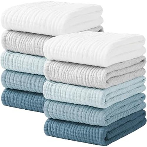 Konssy 10-Pack Muslin Baby Burp Cloths Sets for Baby Girls and Boys, 100% Cotton Soft & Absorbent Burp Rags for Newborn & Infant