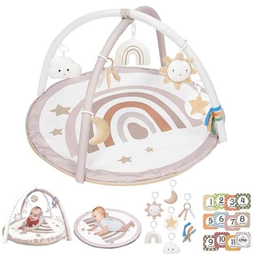 Baby Play Gym Mat, Tummy Time Activity Mat with 7 Detachable Toys and 12 Milestone Cards for Stage-Based Sensory and Motor Skill Development, Washable Play Mats for Infant, Newborn Baby Essentials - Rainbow