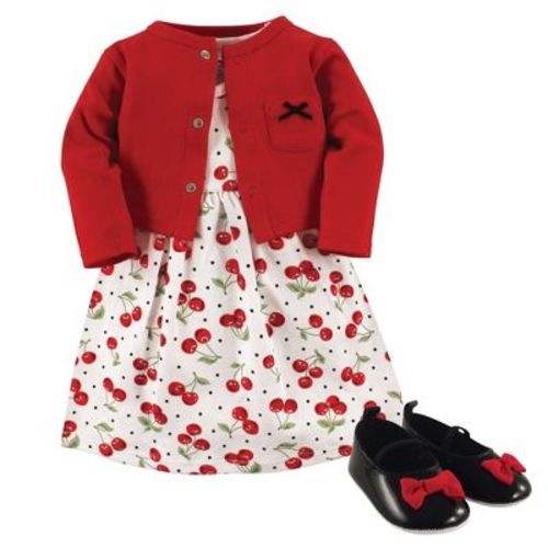 Hudson Baby Infant Girl Cotton Dress, Cardigan And Shoe 3pc Set, Cherries, 12-18 Months