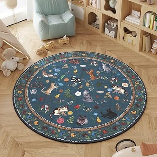 Rugcomf Round Rug 4ft Washable Circle Rug Non Slip Low Pile Boho Floral Animal Cat Small Circular Rug for Bedroom Bathroom Entryway Kids Room Office College Dorm, Pearl Gentian Blue