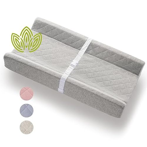 Organic Cotton Contoured Baby Changing Pad w/Waterproof Foam Mattress, Includes Soft, Removable & Washable Cover, Safety Strap, Non-Slip Bottom, Topper for Standard Size Infant Diaper Table & Dresser