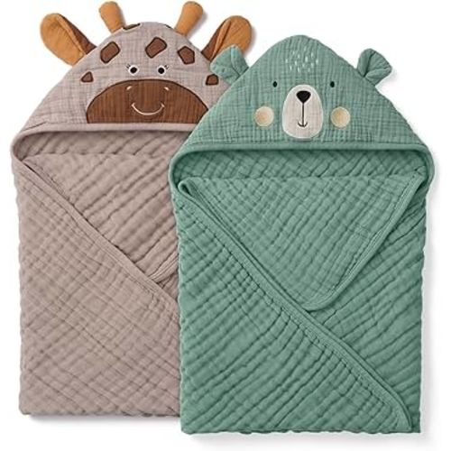 Blissful Diary Muslin Baby Hooded Towel 2 Pack, Soft & Absorbent Bath Towel for Infant, Toddler, Unisex, Baby Gift, Newborn Essentials, Bear & Giraffe