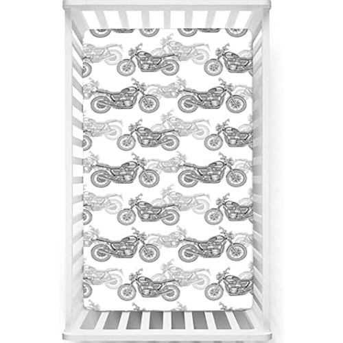 Motorcycle Themed Fitted Crib Sheet,Soft and Breathable Bed Sheets - Crib Mattress Sheet or Toddler Bed Sheet,White Black Grey,52“ x28“