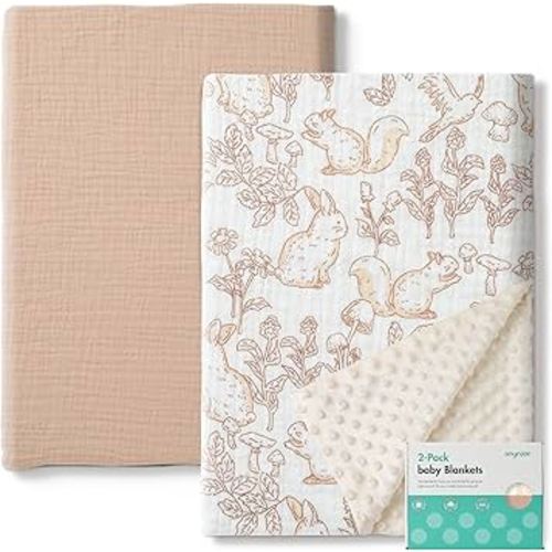 Muslin Minky Baby Blanket for Boys and Girls - 2 Pack Soft Baby Blankets, Nursery Minky Blankets with Muslin Cotton Front and Dotted Fleece Backing, Cozy and Lightweight Newborn Blanket