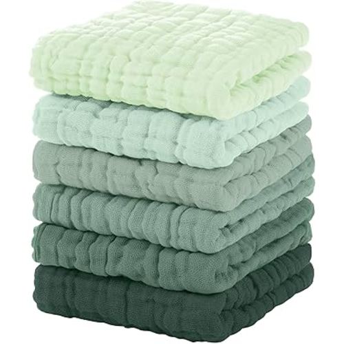 Unnivoll Muslin Baby Washcloths 6 Pack, 100% Cotton Burp Cloths Baby, Large 12''X12'' Baby Wash Cloths Absorbent and Soft for Newborn Infants Kids Boys Girls Green