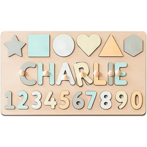 Name Puzzle for Kids Personalized Wooden Shapes Puzzles for Toddlers 1-3 Peg Puzzle Educational Toys Learning Number Customized Baby Gifts for Boys Girls First Birthday