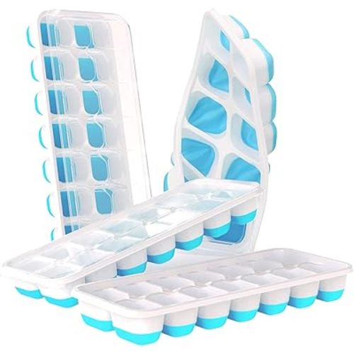 Ice Cube Trays 4 Pack, Easy-Release 56 pcs Ice Pop Tray Ice Cubes Maker with Spill-Resistant Removable Lid,LFGB Certified and BPA Free,Stackable Flexible Silicone,for Baby Food,Cocktail,Coffee