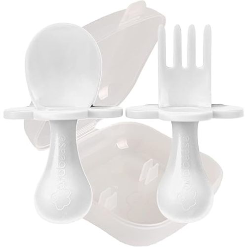 Grabease Toddler Utensils Toddler Spoons and Forks Baby Silverware Baby Self Feeding Utensils, BPA-Free & Phthalate-Free for Baby & Toddler, 1 Set, Plastic, White
