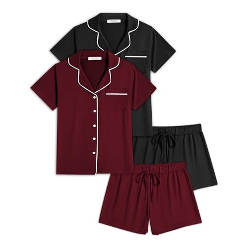 Ekouaer 2 Pack Womens Pajamas Set Button Down Summer Sleepwear Short Sleeve Comfy Pjs Loungewear Set
