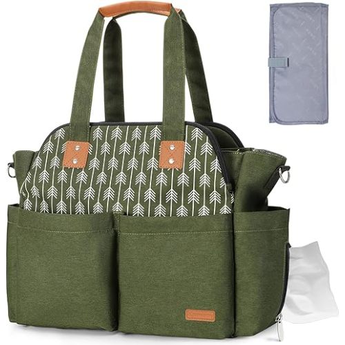 Lekebaby Diaper Bag Tote for Baby - 17 Pockets Large Travel Diaper Tote with Portable Changing Pad, Mom Crossbody Hospital Bag for Labor Delivery, Waterproof, Baby Essentials for Newborn Gifts, Green
