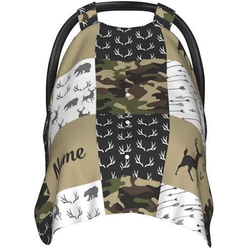Personalized Woodland Deer Baby Car Seat Canopy for Babies with Name, Custom Camouflage Car Seat Covers for Boys Girls, Peekaboo Opening Minky Nursing Cover Infant Car Seat Canopies for Newborn