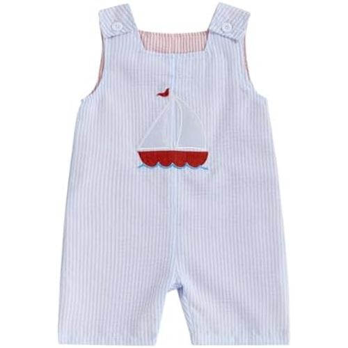 Baby Boy Summer Clothes Sleeveless Embroidery Dinosaur Striped Retro Romper Jumpsuit Smocked Shortall