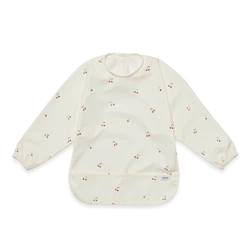 Lalo Smock Bib - Long Sleeve Baby Bib, Elastic Cuffs for Comfort, Large Catch-All Pocket, Waterproof Recycled Polyester - Durable Baby Smock Bib for Mealtime & Playtime - Ages 6-24 Mo. - Cherry