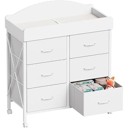 Baby Changing Table Dresser with Wheels, 6-Drawer Baby Dresser with Changing Table Top, Waterproof Diaper Changing Station & Pad, Mobile Nursery Storage Unit, Compact Baby Furniture, White