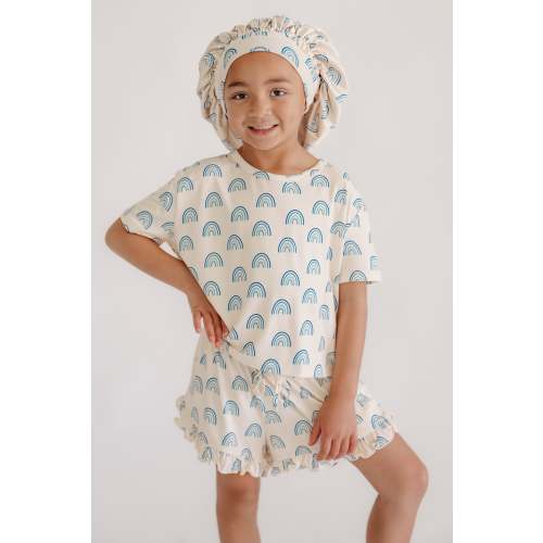 Kids Satin Bonnet in Blue Rainbows