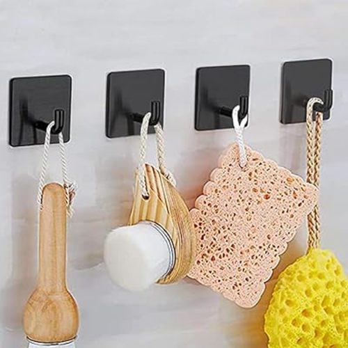 Adhesive Hook, Waterproof in Shower Hooks for Inside Shower, No Drill Shower Hanger Hooks for Hanging Loofah, Towels, Robes Stainless Steel Sticky Wall Hook Black Stick on Hooks (Black 4 PCS)