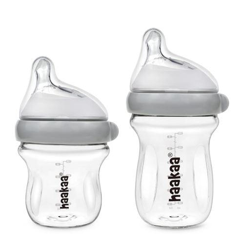 haakaa Gen.3 Natural Glass Baby Bottle Set 4.2oz & 6oz - Wide Neck Anti-Colic Slow Varibale Flow Nipple, 0M+ 3M+ 6M+ Breastfed Babies