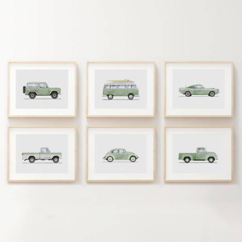 Set of 6 Vintage Sage Green Vehicle Prints, Boys Room Decor, Retro Car Prints For Boys Room,Kids Room Wall Art,Transportation Watercolor Art