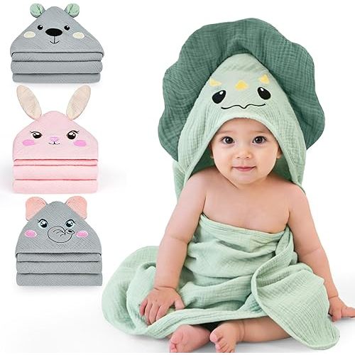 FIOBEE Hooded Baby Towels 100% Muslin Baby Bath Towels for Newborn with Animal Design Ultra-Soft and Absorbent Bath Essentials for Toddler, Unisex Girls Boys 30 x 30 inch, Green Dinosaur