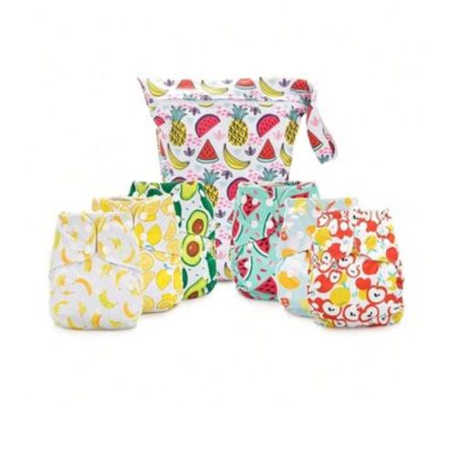 6ct Reusable Cloth Diapers, One Size Adjustable, Washable Soft Absorbent, Waterproof Cover, 4-layers Microfiber Inserts (monkey) - Simple Being