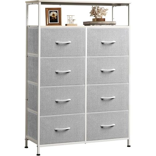WLIVE Fabric Dresser for Bedroom with Open Shelves, Tall Dresser with 8 Drawers, Storage Tower with Fabric Bins, Chest of Drawers for Closet, Living Room, Hallway, Light Gray