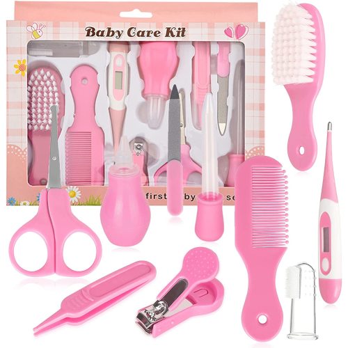 10 in 1 Baby Grooming Kit,Newborn Nursery Health Care Set Baby Healthcare Kit Include Baby Nail Clipper Scissors Hair Comb Nose Cleaner Safety, for Infant Toddlers Boys Girls Kids(Pink)