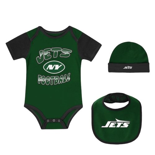 Newborn New York Jets Outerstuff Tag Team Bodysuit, Bib & Cuffed Knit Hat Set