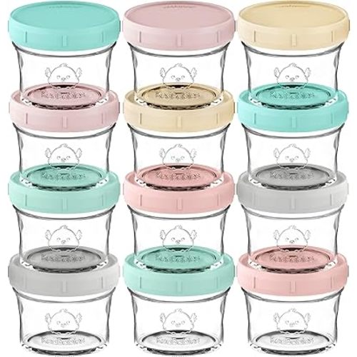 KeaBabies 12pk 4oz Glass Baby Food Containers - Leak-Proof, Microwavable Small Baby Glass Jars with Lids, Baby Food Storage Containers, Baby Snack Containers, BPA-Free Baby Food Jars (Pastels)